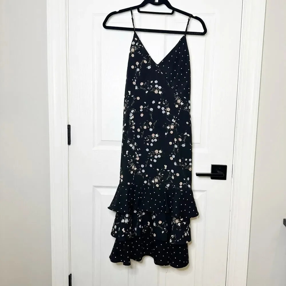 LULUS Size‎ S Floria Black Floral Polka Dot Tiered Ruffle Midi Dress